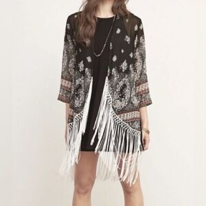 Abercrombie & Fitch Boho Cover Up Cardigan Black Floral Fringe Kimono Gypsy S